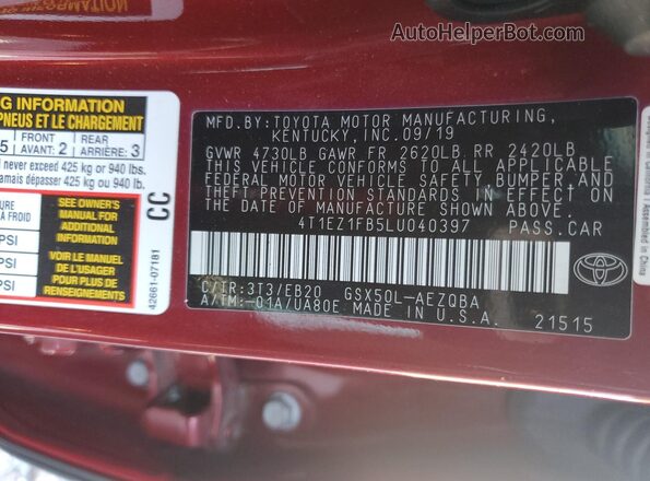 4T1EZ1FB5LU040397 2020 TOYOTA AVALON Burgundy ძრავის განყოფილების ხედი