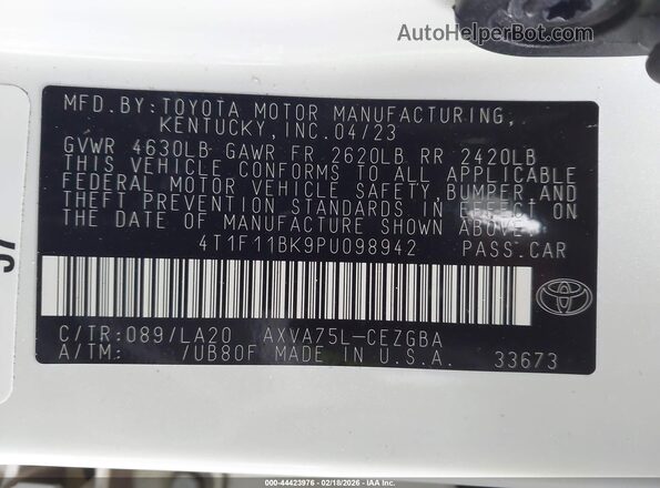 4T1F11BK9PU098942 2023 TOYOTA LE White Engine compartment view