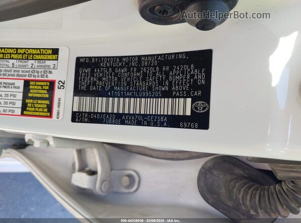 4T1G11AK1LU995205 2020 TOYOTA CAMRY White 