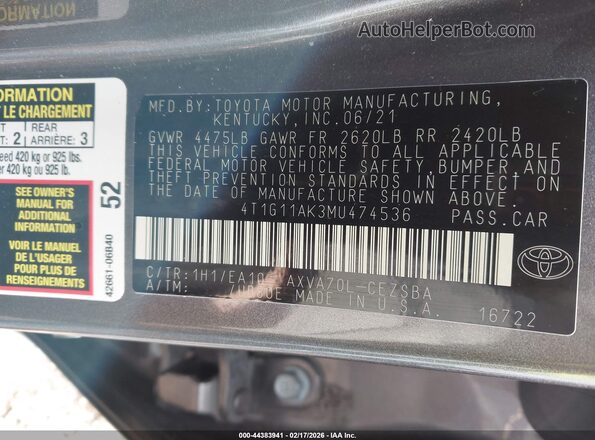 4T1G11AK3MU474536 2021 TOYOTA CAMRY Gray Вид підкапотного простору