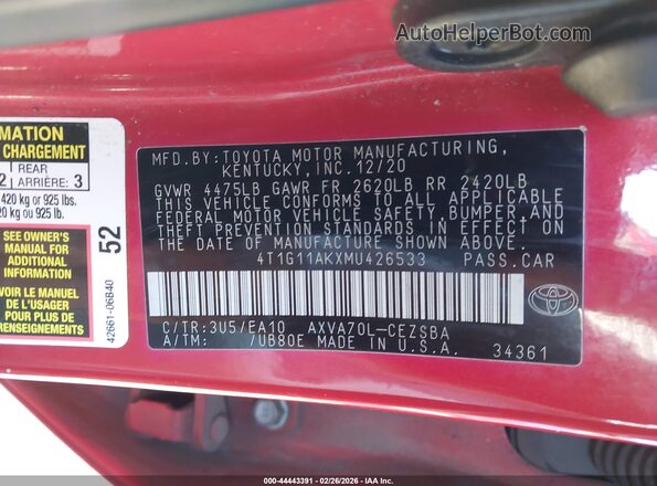 4T1G11AKXMU426533 2021 TOYOTA CAMRY Red 