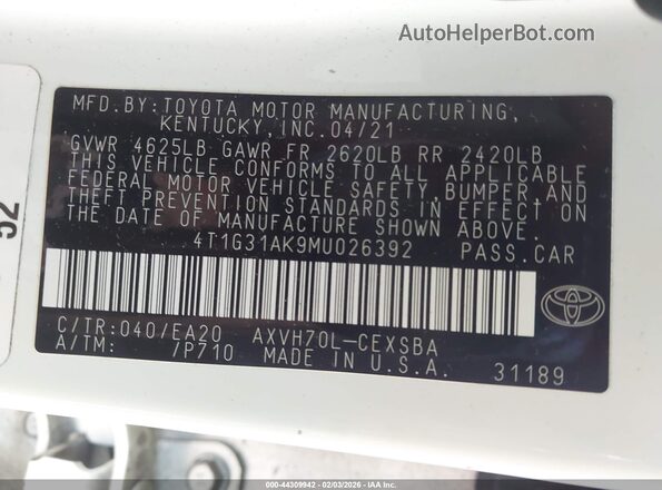 4T1G31AK9MU026392 2021 TOYOTA CAMRY White Շարժիչի բաժամունքի տեսք