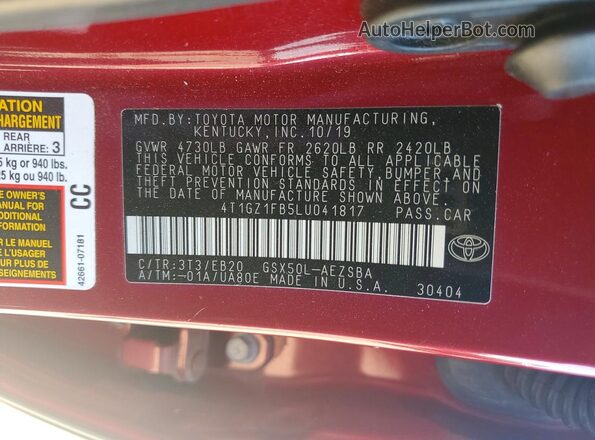 4T1GZ1FB5LU041817 2020 TOYOTA AVALON Maroon Widok komory silnika