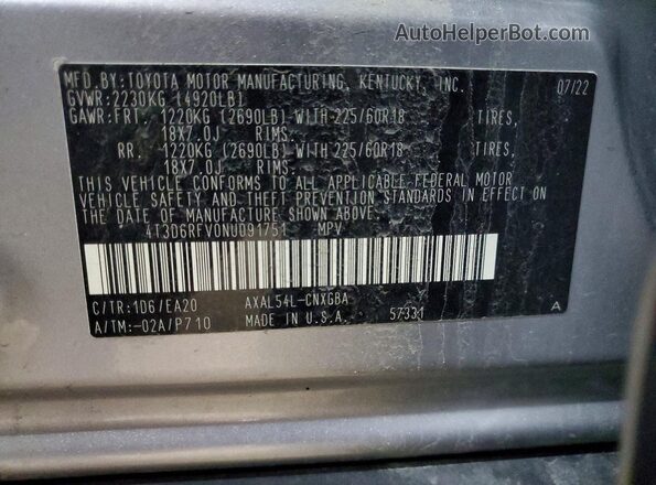 4T3D6RFV0NU091751 2022 TOYOTA LIMITED Silver VIN sticker view