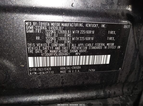 4T3D6RFV5LU004861 2020 TOYOTA LIMITED Gray Widok komory silnika