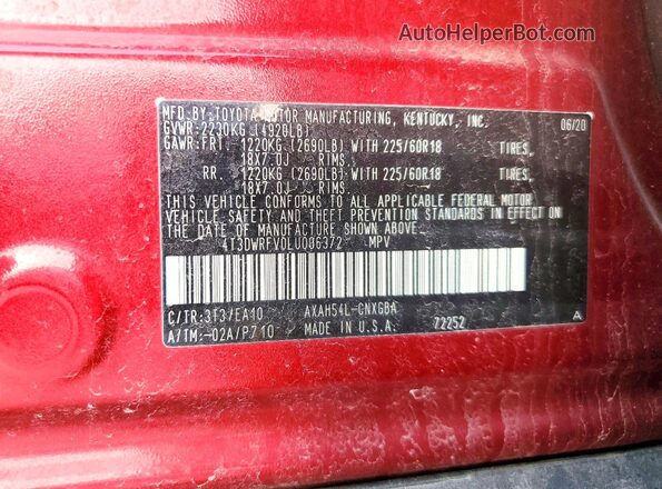 4T3DWRFV0LU006372 2020 TOYOTA LIMITED Red Вид наклейки з VIN-кодом