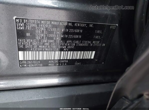4T3E6RFV1NU091259 2022 TOYOTA RAV4 HYBRID Gray Vista del compartimento del motor