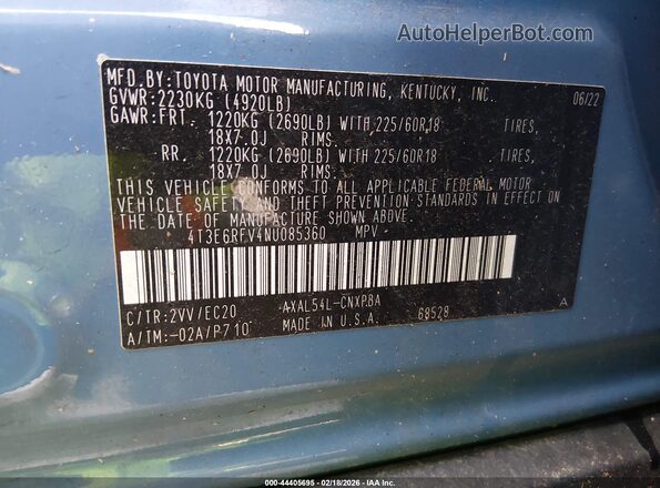 4T3E6RFV4NU085360 2022 TOYOTA RAV4 HYBRID Синий Вид подкапотного пространства