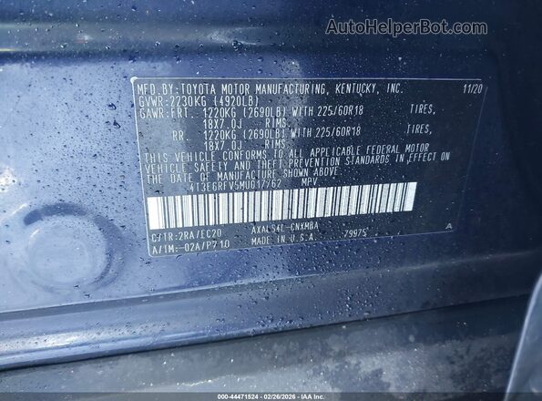 4T3E6RFV5MU017762 2021 TOYOTA RAV4 HYBRID Navy Engine compartment view
