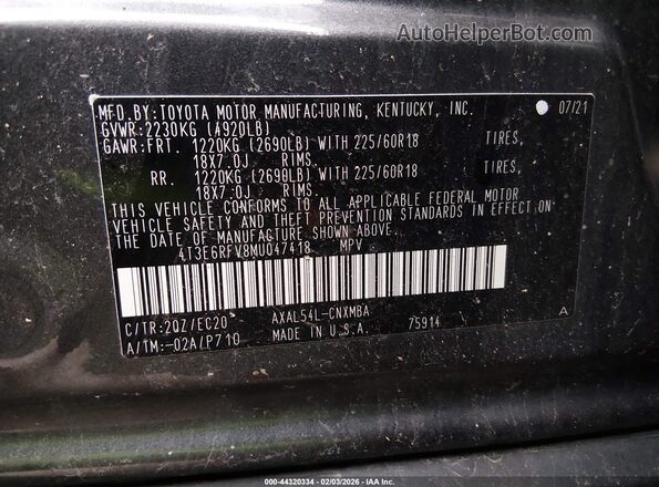 4T3E6RFV8MU047418 2021 TOYOTA RAV4 HYBRID Gray Engine compartment view