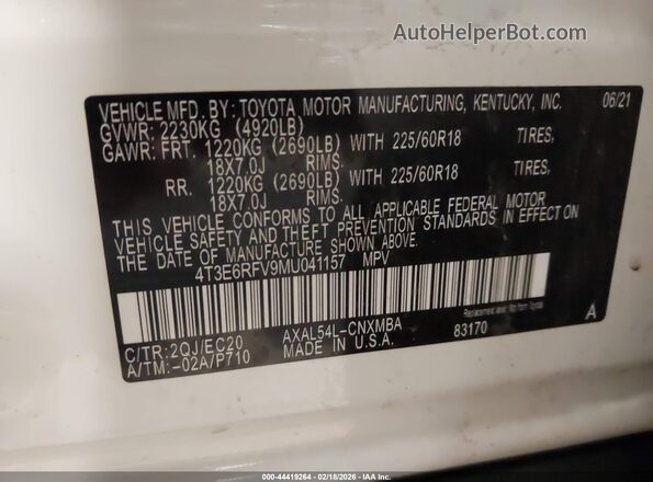 4T3E6RFV9MU041157 2021 TOYOTA RAV4 HYBRID White Շարժիչի բաժամունքի տեսք