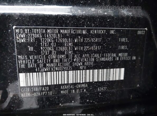 4T3RWRFV2NU074035 2022 TOYOTA LE Black Вид підкапотного простору