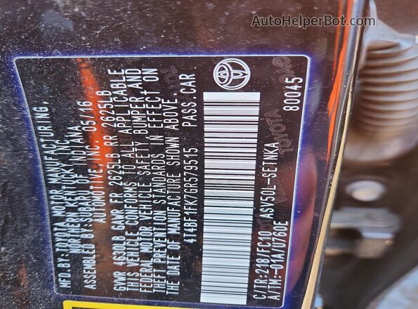 4T4BF1FK7GR579515 2016 TOYOTA LE Black Vista de la etiqueta del VIN
