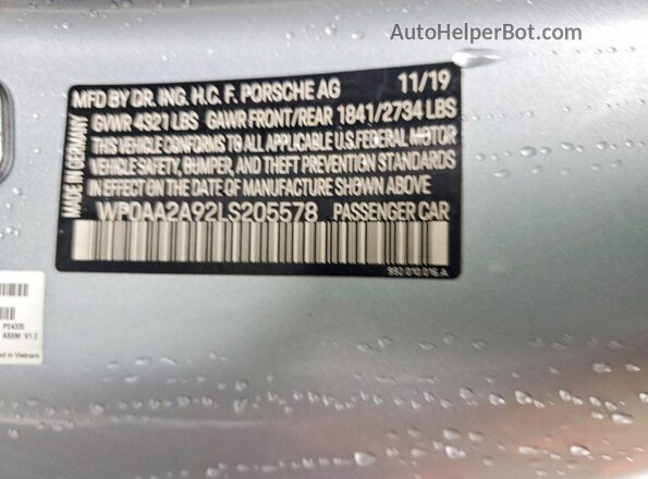 WP0AA2A92LS205578 2020 PORSCHE 911 Silver Панорамний вид салону 360°