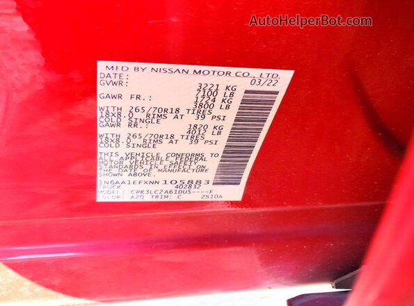 1N6AA1EFXNN105883 2022 NISSAN TITAN Red VIN կոդի պիտակի տեսք