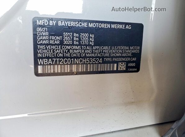 WBA7T2C01NCH53524 2022 BMW 7 SERIES White Vista de la etiqueta del VIN