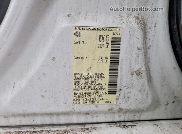 1N4AL3AP2HN329196 2017 NISSAN ALTIMA Белый Вид наклейки с VIN-кодом