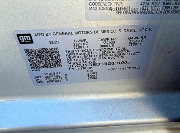 3GCUYDED5NG131005 2022 CHEVROLET ALL MODELS Silver 