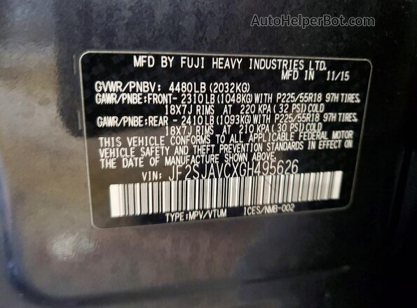 JF2SJAVCXGH495626 2016 SUBARU FORESTER 2.5I TO Gray VIN sticker view