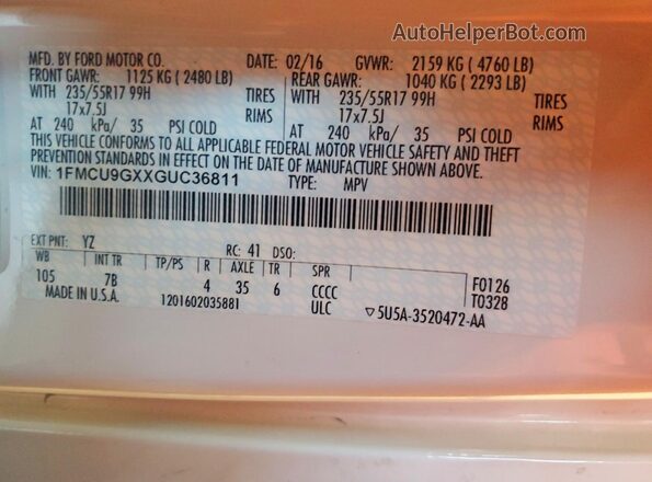 1FMCU9GXXGUC36811 2016 FORD ESCAPE White 360 interior view