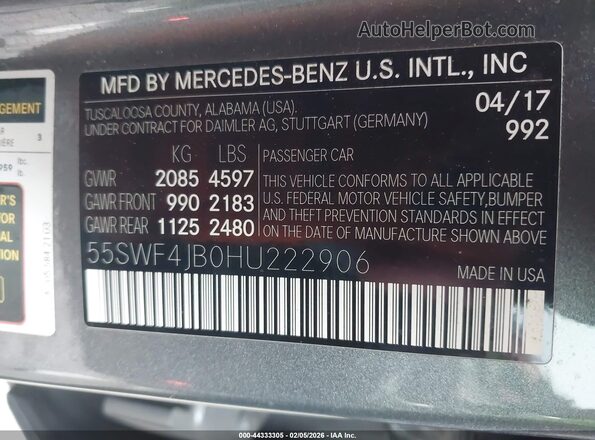 55SWF4JB0HU222906 2017 MERCEDES-BENZ C-CLASS Gray Շարժիչի բաժամունքի տեսք