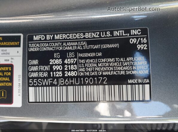 55SWF4JB6HU190172 2017 MERCEDES-BENZ C-CLASS Серый 