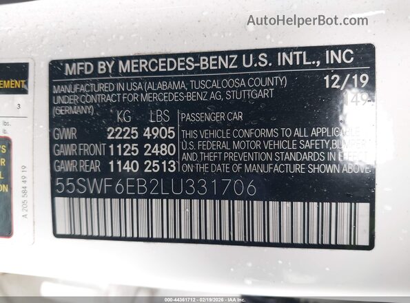 55SWF6EB2LU331706 2020 MERCEDES-BENZ AMG C 43 White Engine compartment view