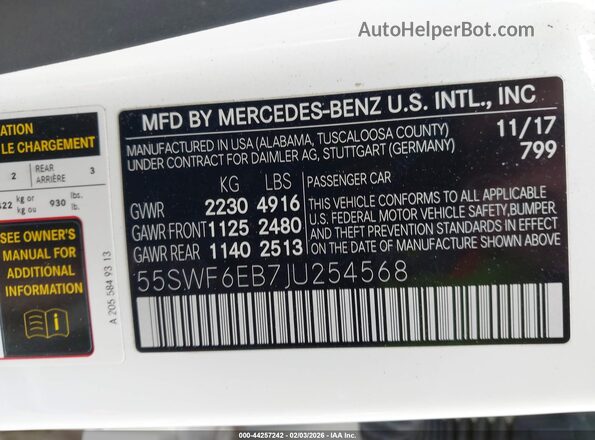 55SWF6EB7JU254568 2018 MERCEDES-BENZ AMG C 43 White Widok komory silnika