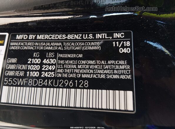 55SWF8DB4KU296128 2019 MERCEDES-BENZ C-CLASS Black ძრავის განყოფილების ხედი