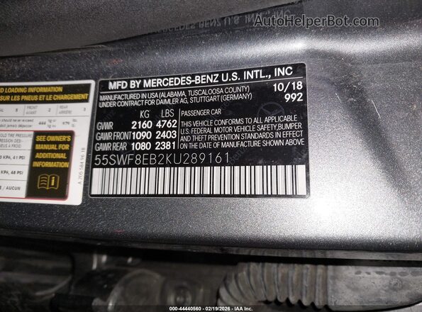 55SWF8EB2KU289161 2019 MERCEDES-BENZ C-CLASS Gray 