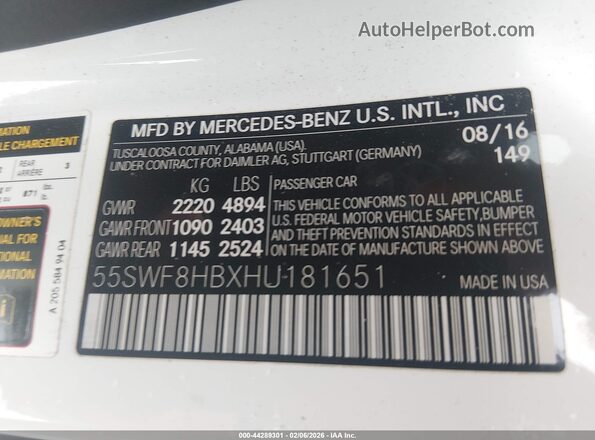 55SWF8HBXHU181651 2017 MERCEDES-BENZ AMG C 63 White Շարժիչի բաժամունքի տեսք