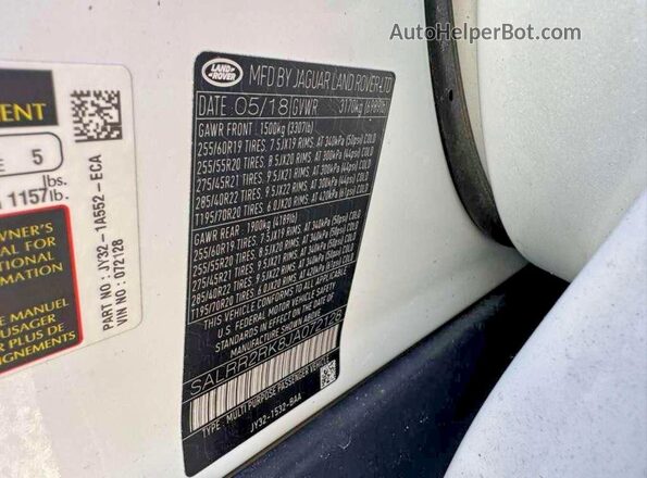 SALRR2RK8JA072128 2018 LAND ROVER DISCOVERY White 