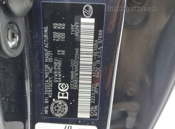 58AB21B16MU012946 2021 LEXUS ES Black 