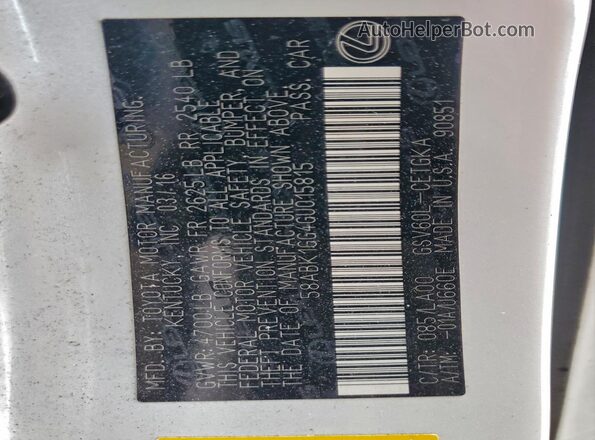 58ABK1GG4GU015815 2016 LEXUS ES White Вид підкапотного простору