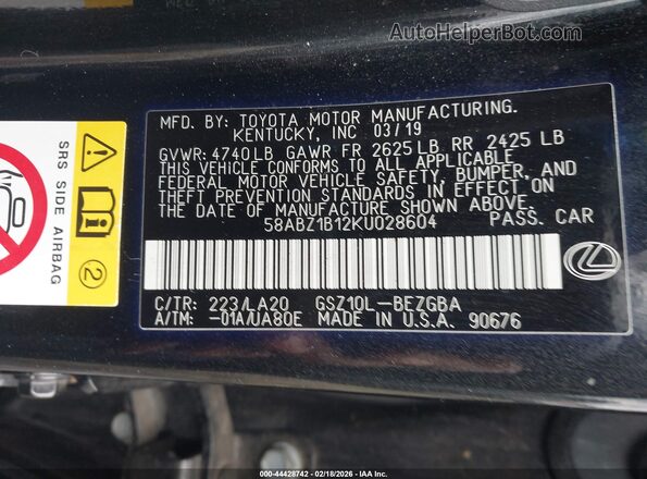 58ABZ1B12KU028604 2019 LEXUS ES 350 Black Вид підкапотного простору