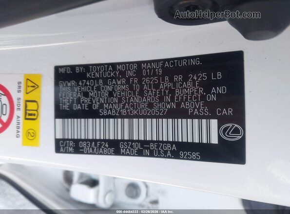 58ABZ1B13KU020527 2019 LEXUS ES 350 White Вид підкапотного простору