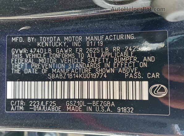 58ABZ1B14KU019774 2019 LEXUS ES Black 