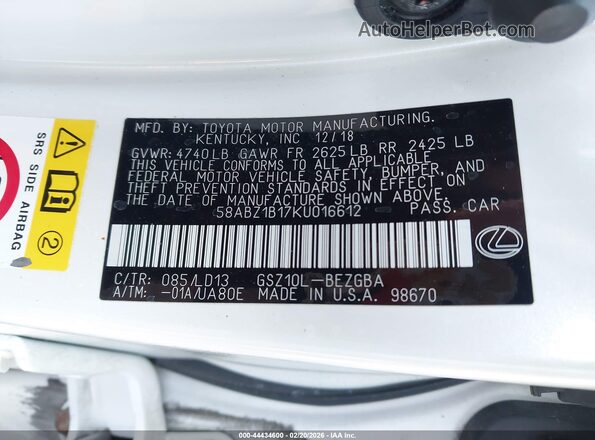 58ABZ1B17KU016612 2019 LEXUS ES 350 White Vista del compartimento del motor