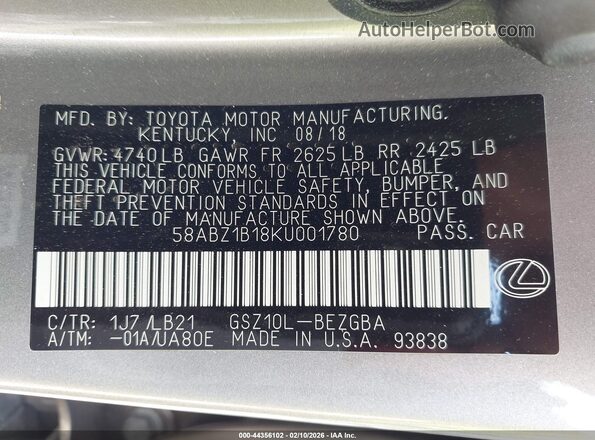 58ABZ1B18KU001780 2019 LEXUS ES 350 Silver 