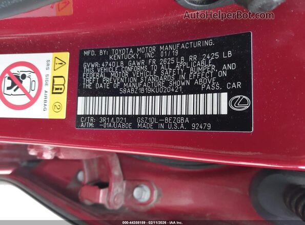 58ABZ1B19KU020421 2019 LEXUS ES 350 Burgundy 