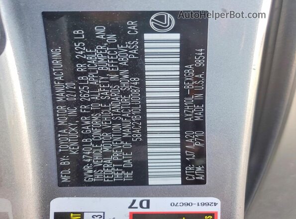 58AC21B10LU008748 2020 LEXUS ES Silver Vista del compartimento del motor