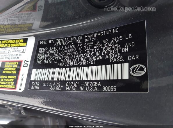58ACZ1B1XRU181701 2024 LEXUS ES 350 Gray 