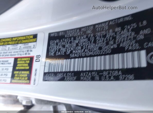 58AD11D10MU003250 2021 LEXUS ES 250 White ძრავის განყოფილების ხედი