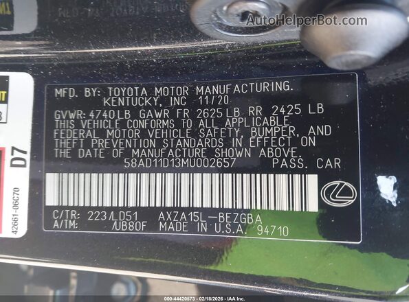 58AD11D13MU002657 2021 LEXUS ES 250 Black ძრავის განყოფილების ხედი