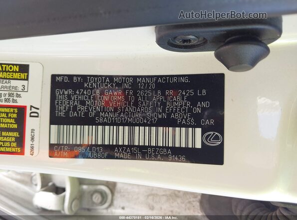 58AD11D17MU004217 2021 LEXUS ES 250 White Շարժիչի բաժամունքի տեսք