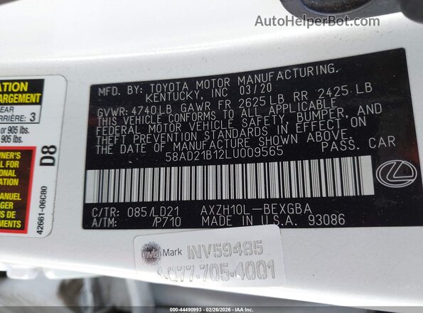 58AD21B12LU009565 2020 LEXUS ES 300H White Շարժիչի բաժամունքի տեսք