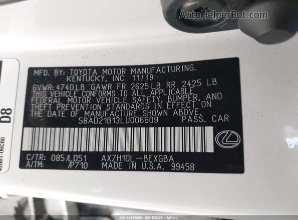 58AD21B13LU006609 2020 LEXUS ES 300H White Vista del compartimento del motor
