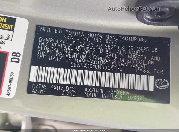 58ADA1C10MU005632 2021 LEXUS ES 300H Gold ძრავის განყოფილების ხედი