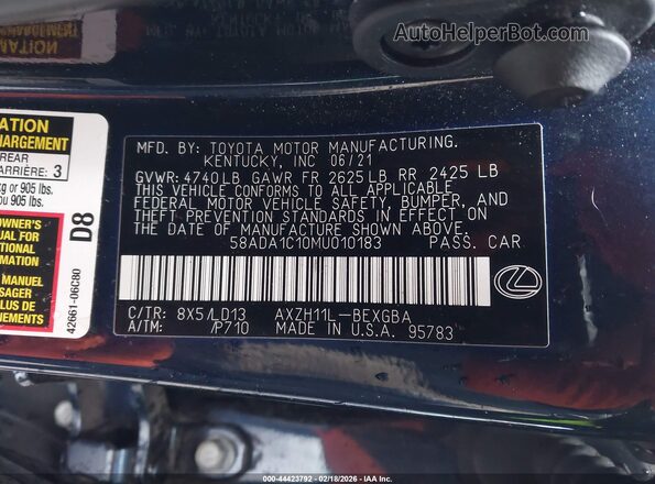 58ADA1C10MU010183 2021 LEXUS ES 300H Blue Շարժիչի բաժամունքի տեսք
