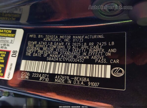 58ADA1C17PU030452 2023 LEXUS ES 300H Black ძრავის განყოფილების ხედი